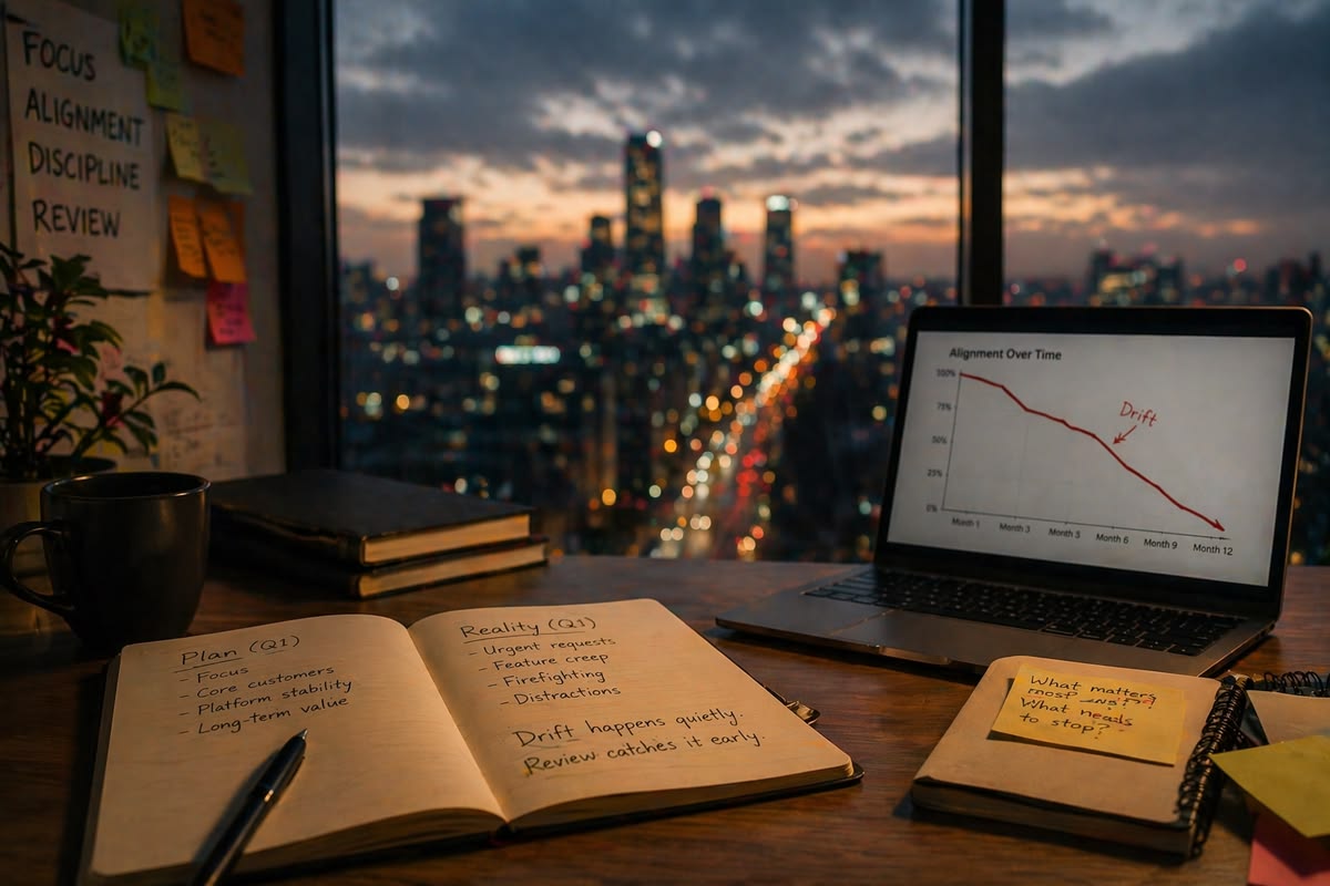 Evening planning materials arranged on a wooden desk with notebook